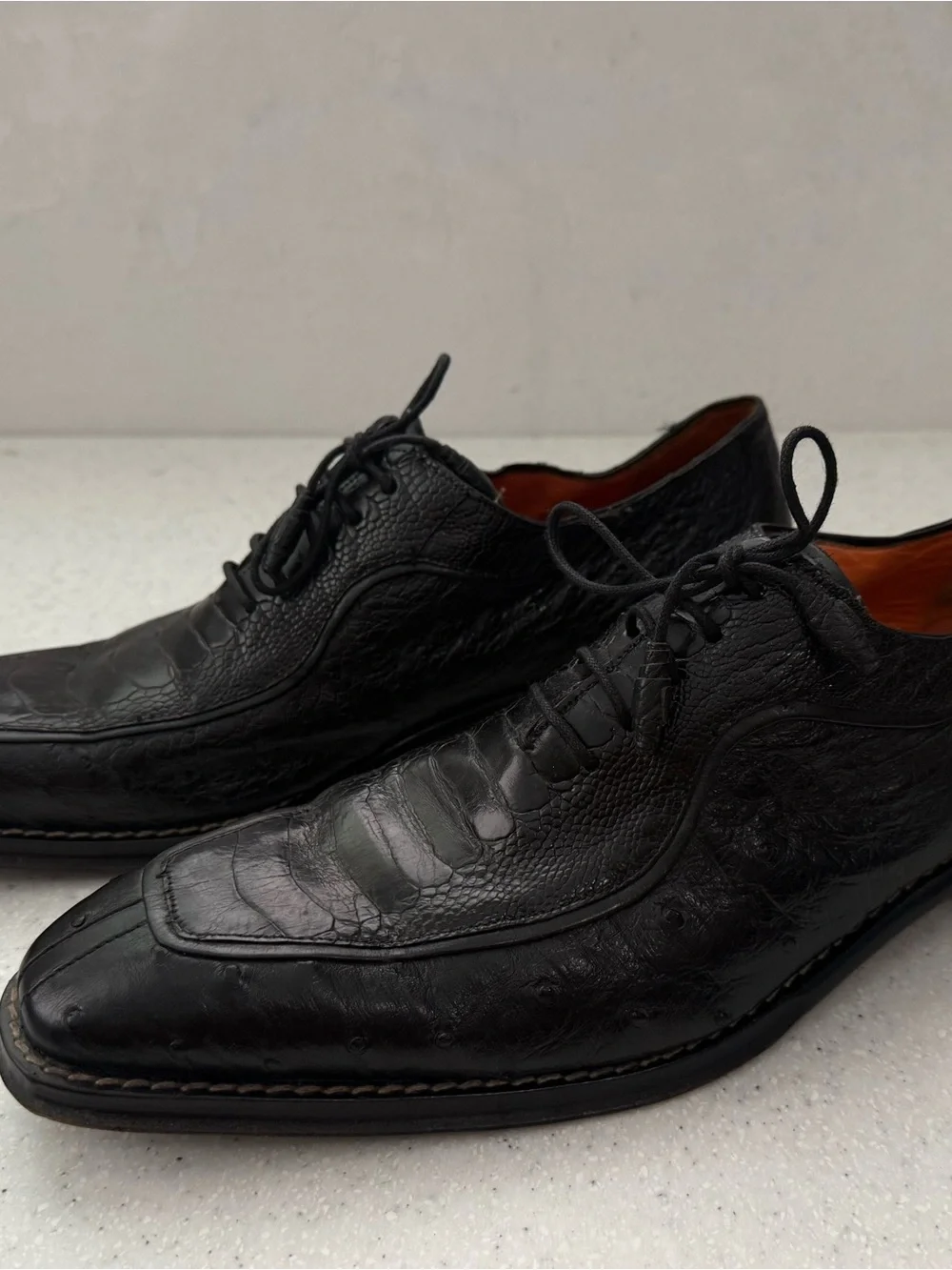 Mezlan Platinum Men’s Black Ostrich Leather Lace-up Wingtip Oxfords Spain 10.5